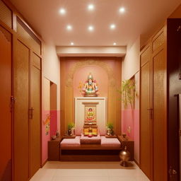 A spacious 3BHK apartment with an elegantly designed puja room. Modern furniture in living spaces with warm, welcoming colors. The puja room has traditional Indian motifs and calm, peaceful ambiance.