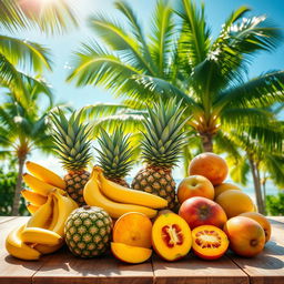 A tropical scene featuring an array of vibrantly colored tropical fruits including ripe bananas, luscious pineapples, and juicy mangoes displayed on a large wooden table