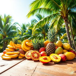 A tropical scene featuring an array of vibrantly colored tropical fruits including ripe bananas, luscious pineapples, and juicy mangoes displayed on a large wooden table