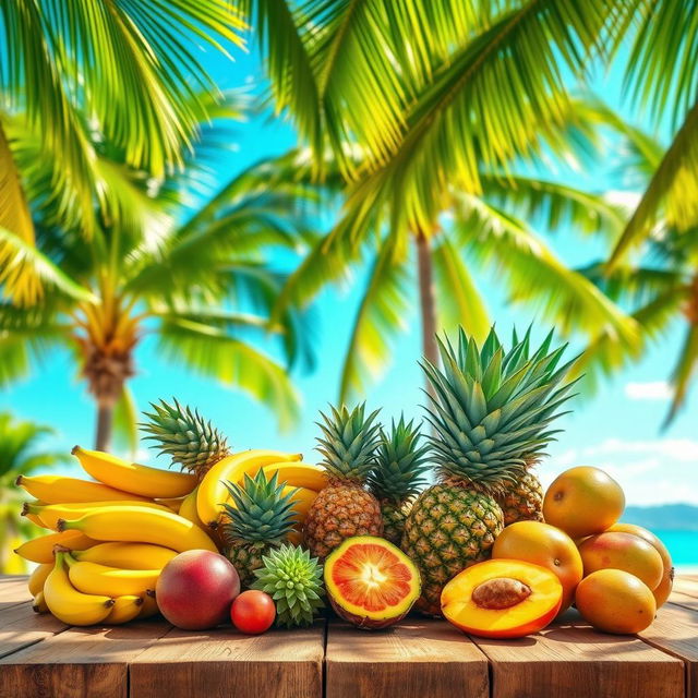 A tropical scene featuring an array of vibrantly colored tropical fruits including ripe bananas, luscious pineapples, and juicy mangoes displayed on a large wooden table