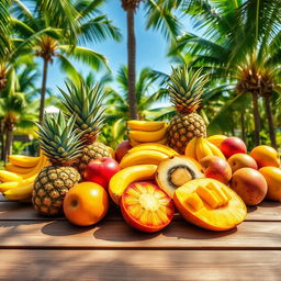 A tropical scene featuring an array of vibrantly colored tropical fruits including ripe bananas, luscious pineapples, and juicy mangoes displayed on a large wooden table