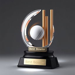 A dynamic and sleek cricket trophy representing 'Best Bowler,' featuring a detailed design of a spinning cricket ball poised to knock over wooden stumps
