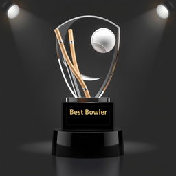 A dynamic and sleek cricket trophy representing 'Best Bowler,' featuring a detailed design of a spinning cricket ball poised to knock over wooden stumps