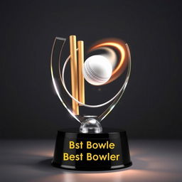 A dynamic and sleek cricket trophy representing 'Best Bowler,' featuring a detailed design of a spinning cricket ball poised to knock over wooden stumps