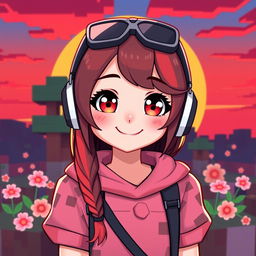 An adorable digital portrait of a female gamer with a blend of red, blue, and pink colors in her Minecraft-themed attire