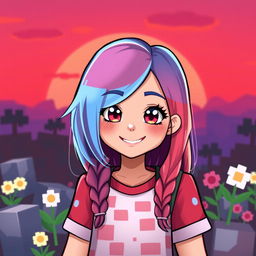 An adorable digital portrait of a female gamer with a blend of red, blue, and pink colors in her Minecraft-themed attire