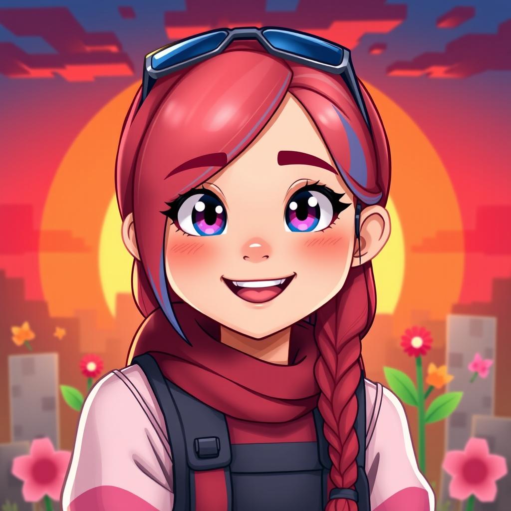 An adorable digital portrait of a female gamer with a blend of red, blue, and pink colors in her Minecraft-themed attire