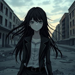 A cold and emotionless girl, with a distant expression, standing in a desolate urban landscape