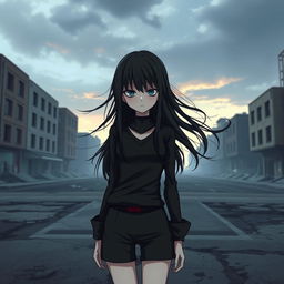 A cold and emotionless girl, with a distant expression, standing in a desolate urban landscape