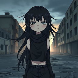A cold and emotionless girl, with a distant expression, standing in a desolate urban landscape
