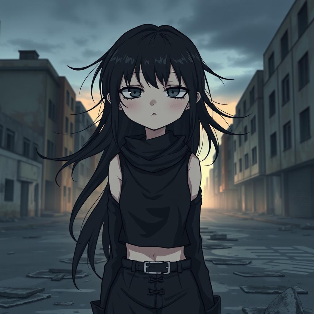 A cold and emotionless girl, with a distant expression, standing in a desolate urban landscape