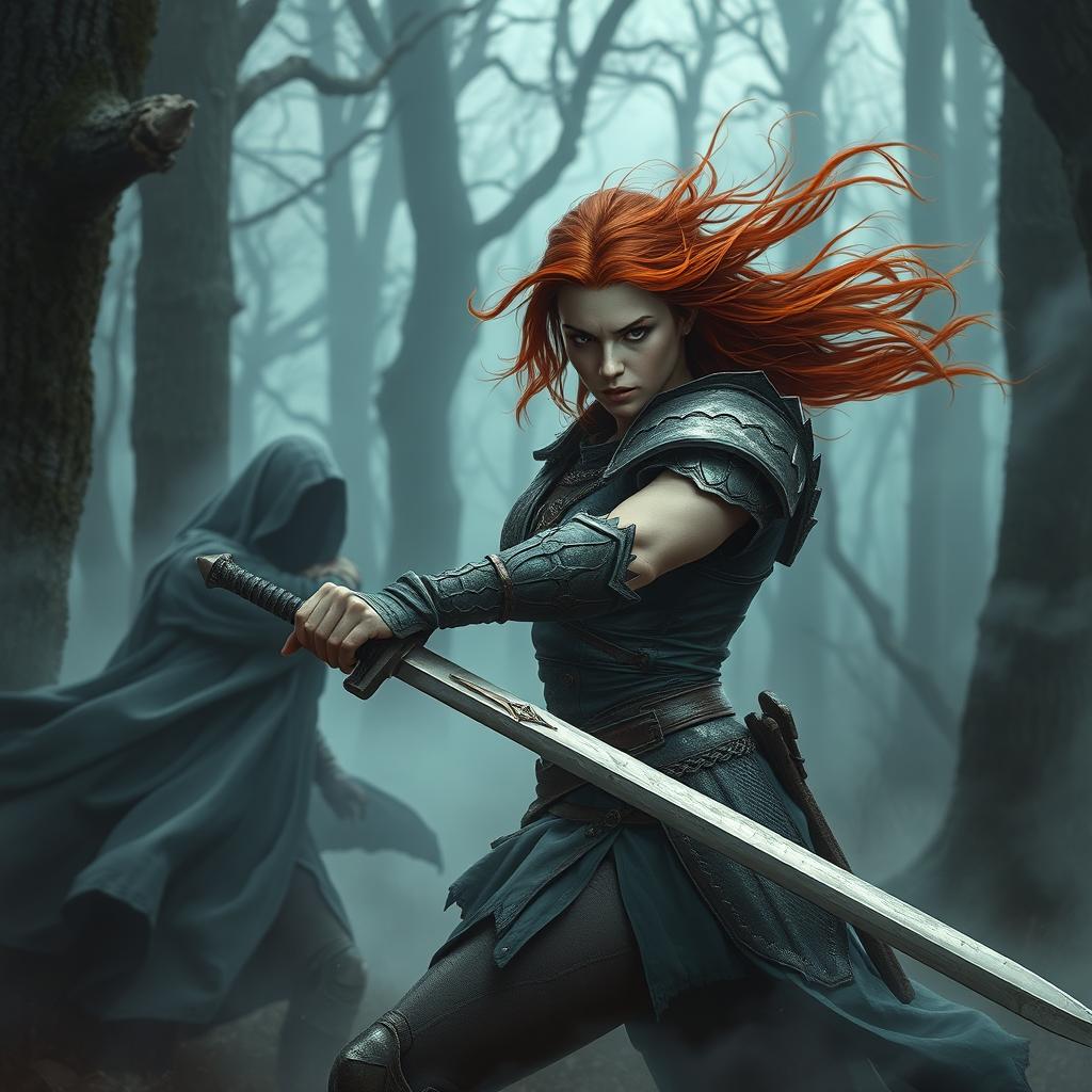 A fierce auburn-haired female warrior, with muscular build, wearing intricate, weathered armor, wielding a gleaming sword, engaged in a battle against a shrouded figure cloaked in dark, flowing robes