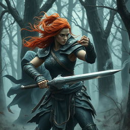 A fierce auburn-haired female warrior, with muscular build, wearing intricate, weathered armor, wielding a gleaming sword, engaged in a battle against a shrouded figure cloaked in dark, flowing robes
