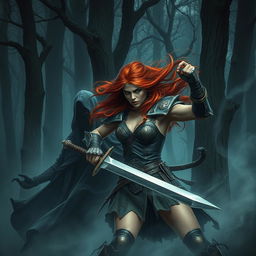 A fierce auburn-haired female warrior, with muscular build, wearing intricate, weathered armor, wielding a gleaming sword, engaged in a battle against a shrouded figure cloaked in dark, flowing robes