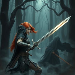 A fierce auburn-haired female warrior, with muscular build, wearing intricate, weathered armor, wielding a gleaming sword, engaged in a battle against a shrouded figure cloaked in dark, flowing robes