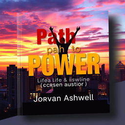 A flat book cover design that features a realistic city skyline at sunset, showcasing vibrant colors like oranges, pinks, and purples illuminating the buildings