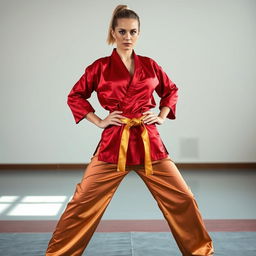 A beautiful 30-year-old woman, a martial arts expert with a short blonde ponytail, poses confidently in a full body portrait