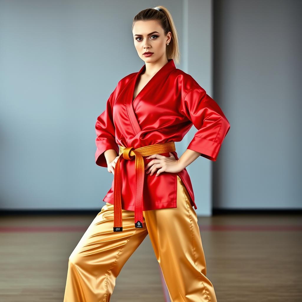 A beautiful 30-year-old woman, a martial arts expert with a short blonde ponytail, poses confidently in a full body portrait