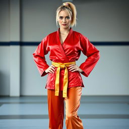 A beautiful 30-year-old woman, a martial arts expert with a short blonde ponytail, poses confidently in a full body portrait