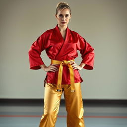 A beautiful 30-year-old woman, a martial arts expert with a short blonde ponytail, poses confidently in a full body portrait