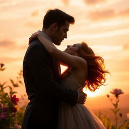 A romantic scene depicting a passionate kiss between a couple in a beautifully lit setting, with soft golden light illuminating their faces