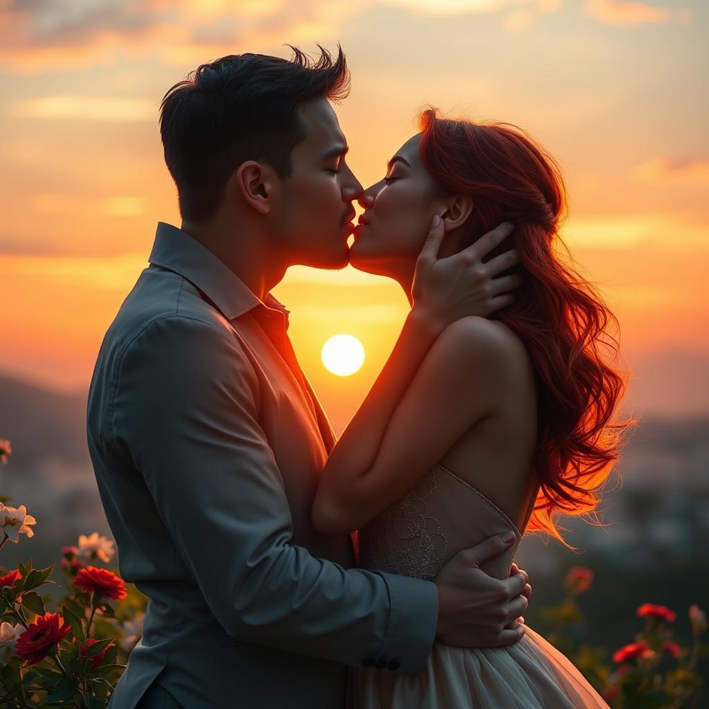 A romantic scene depicting a passionate kiss between a couple in a beautifully lit setting, with soft golden light illuminating their faces