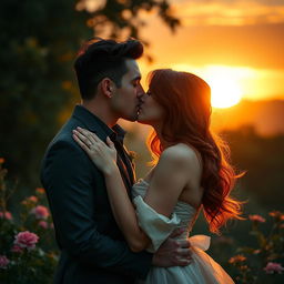 A romantic scene depicting a passionate kiss between a couple in a beautifully lit setting, with soft golden light illuminating their faces