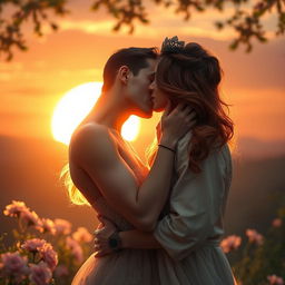 A romantic scene depicting a passionate kiss between a couple in a beautifully lit setting, with soft golden light illuminating their faces