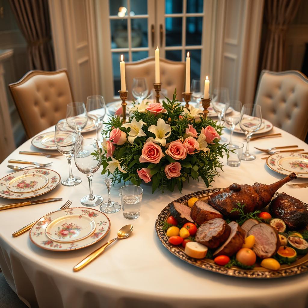 A beautifully arranged dining table set for a sophisticated dinner party
