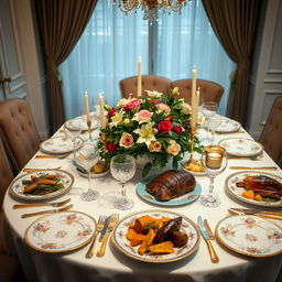 A beautifully arranged dining table set for a sophisticated dinner party