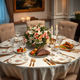 A beautifully arranged dining table set for a sophisticated dinner party