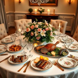 A beautifully arranged dining table set for a sophisticated dinner party