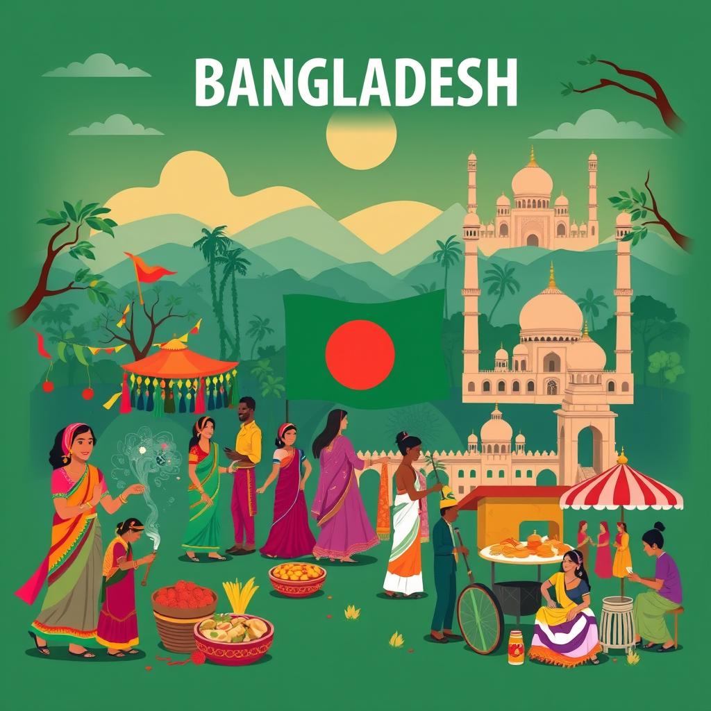 An artistic representation of the rich culture of Bangladesh, showcasing vibrant traditional clothing such as sarees and panjabis, local festivals with colorful decorations and people dancing, beautiful landscapes including the Sundarbans mangrove forest, and historical sites like the 60 Dome Mosque
