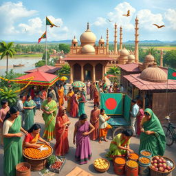 An artistic representation of the rich culture of Bangladesh, showcasing vibrant traditional clothing such as sarees and panjabis, local festivals with colorful decorations and people dancing, beautiful landscapes including the Sundarbans mangrove forest, and historical sites like the 60 Dome Mosque