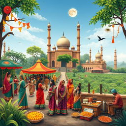 An artistic representation of the rich culture of Bangladesh, showcasing vibrant traditional clothing such as sarees and panjabis, local festivals with colorful decorations and people dancing, beautiful landscapes including the Sundarbans mangrove forest, and historical sites like the 60 Dome Mosque