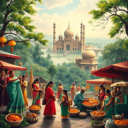 An artistic representation of the rich culture of Bangladesh, showcasing vibrant traditional clothing such as sarees and panjabis, local festivals with colorful decorations and people dancing, beautiful landscapes including the Sundarbans mangrove forest, and historical sites like the 60 Dome Mosque