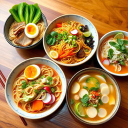 A vibrant and colorful display of three beautiful noodle bowls, each uniquely styled