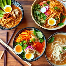 A vibrant and colorful display of three beautiful noodle bowls, each uniquely styled