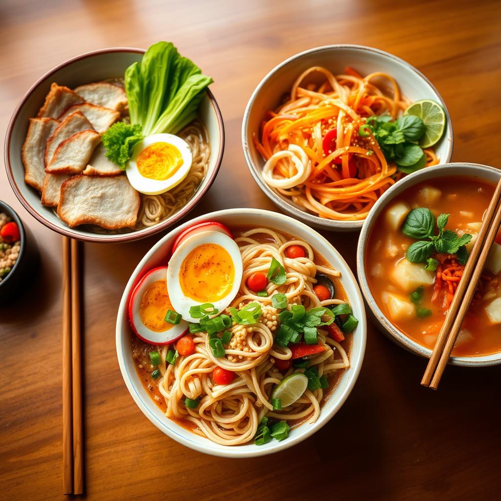 A vibrant and colorful display of three beautiful noodle bowls, each uniquely styled