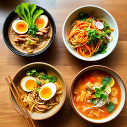 A vibrant and colorful display of three beautiful noodle bowls, each uniquely styled