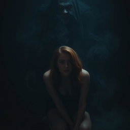 An auburn-haired woman kneeling in a dimly lit, smoky dark room, radiating both fear and strength