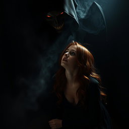 An auburn-haired woman kneeling in a dimly lit, smoky dark room, radiating both fear and strength