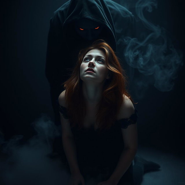 An auburn-haired woman kneeling in a dimly lit, smoky dark room, radiating both fear and strength