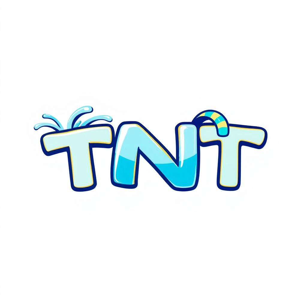 A vibrant and playful design featuring the letters "TNT" in a cartoonish style, where the letters are filled with a bright shade of blue with water splashes coming off of them