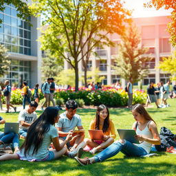 A college campus scene featuring students interacting on a sunny day