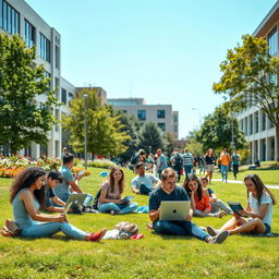 A college campus scene featuring students interacting on a sunny day