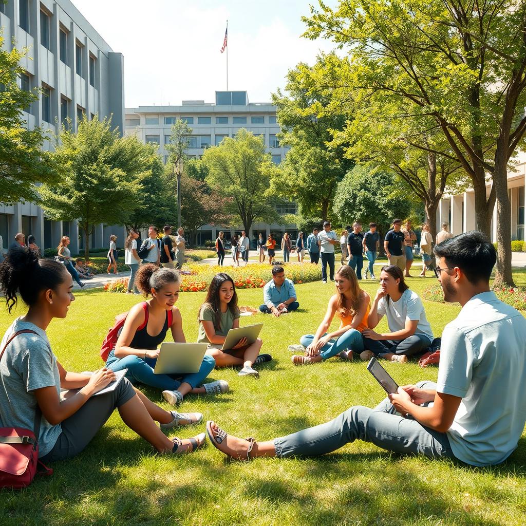 A college campus scene featuring students interacting on a sunny day