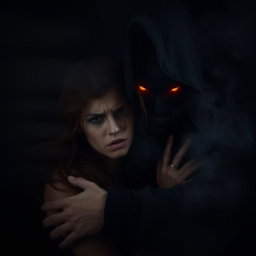An auburn haired woman in a smoky, dimly lit dark room, appearing distressed as she struggles against a mysterious shrouded figure with fiery eyes