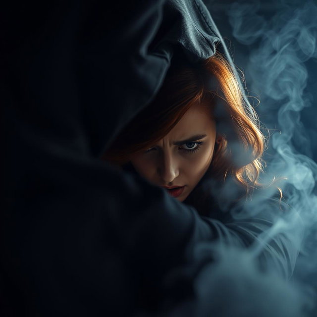 An auburn haired woman in a smoky, dimly lit dark room, appearing distressed as she struggles against a mysterious shrouded figure with fiery eyes