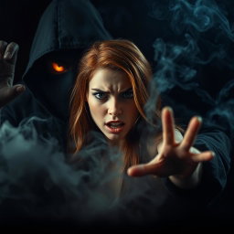 An auburn haired woman in a smoky, dimly lit dark room, appearing distressed as she struggles against a mysterious shrouded figure with fiery eyes